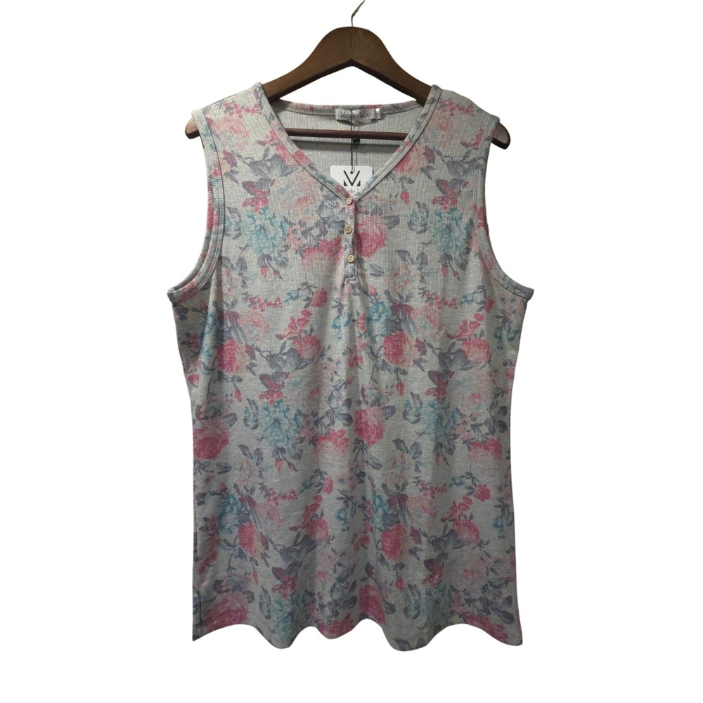 Michelle Mae Women 2XL Floral Ribbed Henley Tank Top Gray Pink Blue Sleeveless